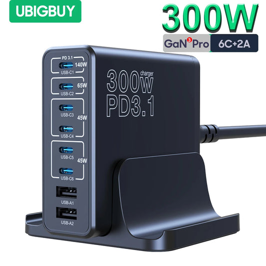 ⚡🔋 Ubigbuy 300W GaN III Fast Charger – Σταθμός Φόρτισης με 6x USB-C, 2x USB-A, PD3.1 140W & PPS 100W 🔌💻📱