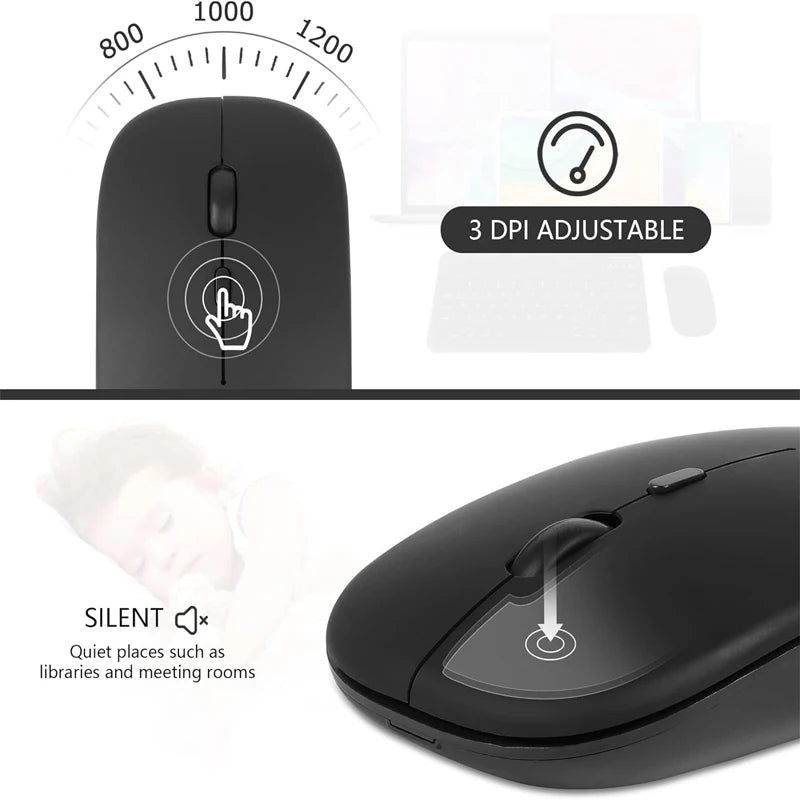 🖱️ Rechargeable Wireless Mouse – Dual Mode Bluetooth + 2.4GHz • Silent Click • Rechargeable Battery • 800–1600 DPI • Ultra-Slim Design ⚡