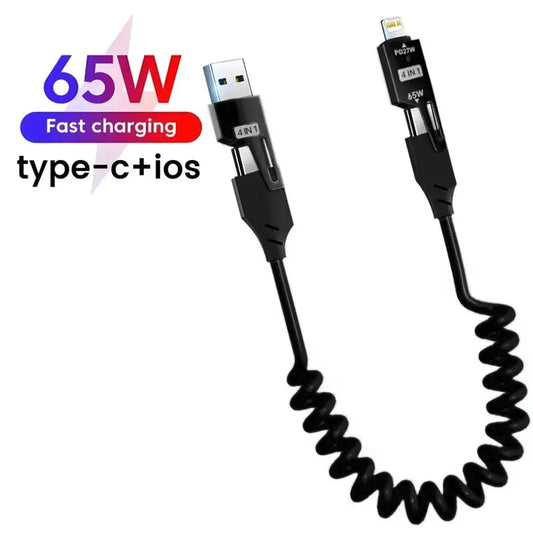 🔌⚡ 4-in-1 Spring Data Cable – Γρήγορη Φόρτιση & Απόλυτη Ευελιξία! ⚡🔌 65W | 6A | Retractable USB Type-C | Compatible with iPhone 15/14/13/12 & More