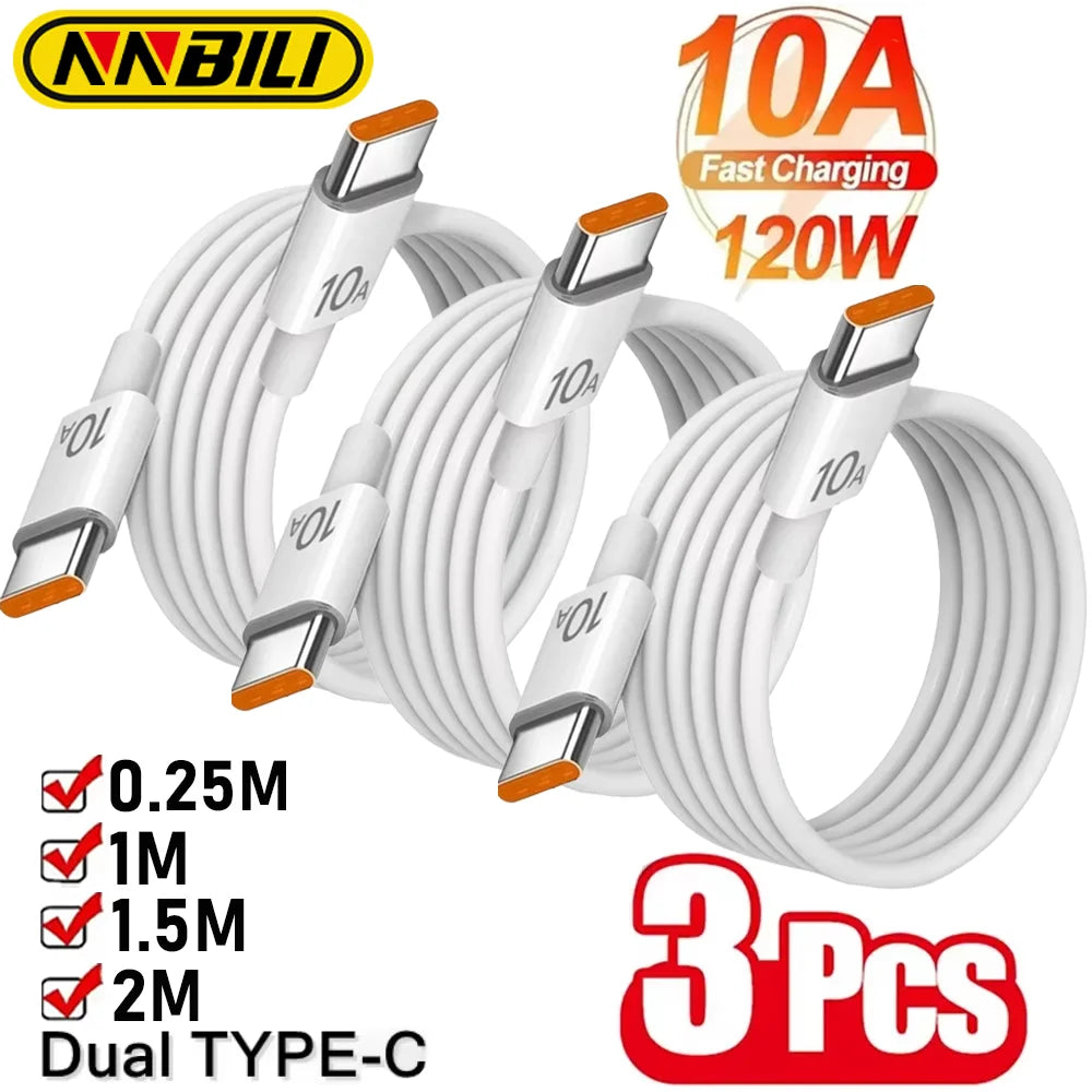 ⚡ NNBILI Σετ 3 Καλώδια Γρήγορης Φόρτισης 120W 10A – PD Dual Type-C για iPhone 15/16, Samsung & Huawei 🔌✨