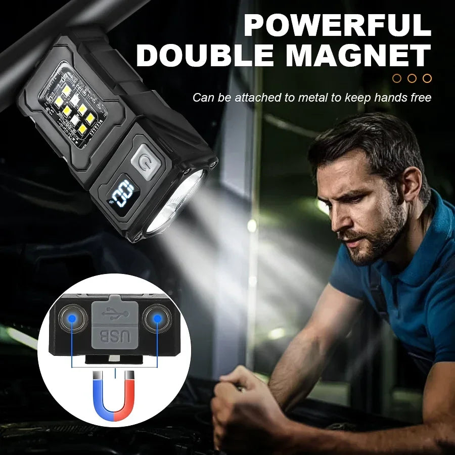 🔦 MINI USB Επαναφορτιζόμενος Φακός LED – Μαγνητικός, Περιστρεφόμενος 180° με COB & Power Bank Λειτουργία ⚡✨