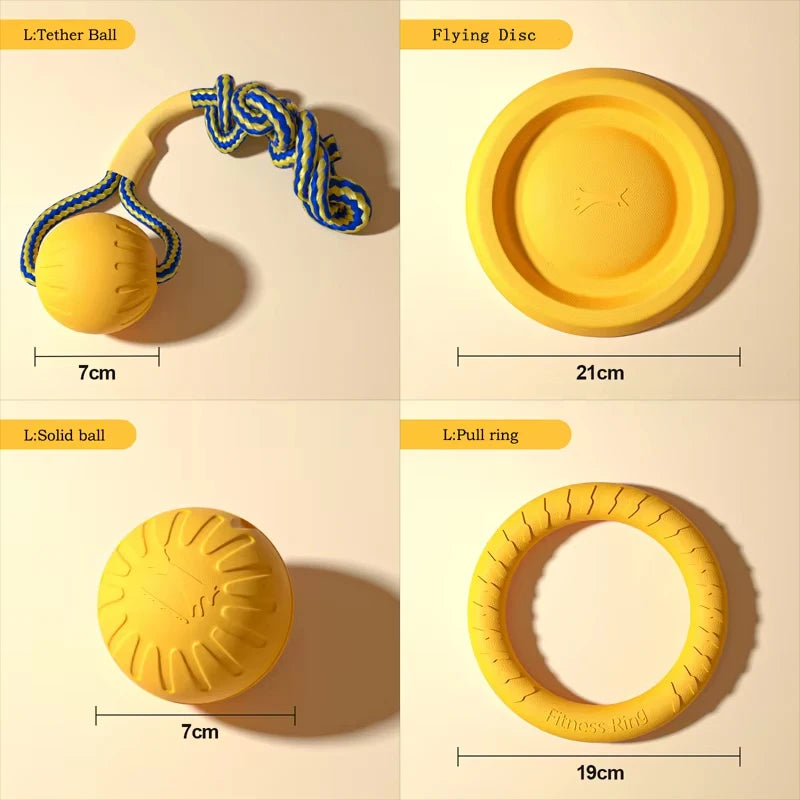 Dog Toy Set 4-Pack 🐶🦴 | EVA Durable Chew Toys 💪 | Ball + Flying Disc + Tug Rope 🎾🛸 | Teeth Cleaning & Fun ✅