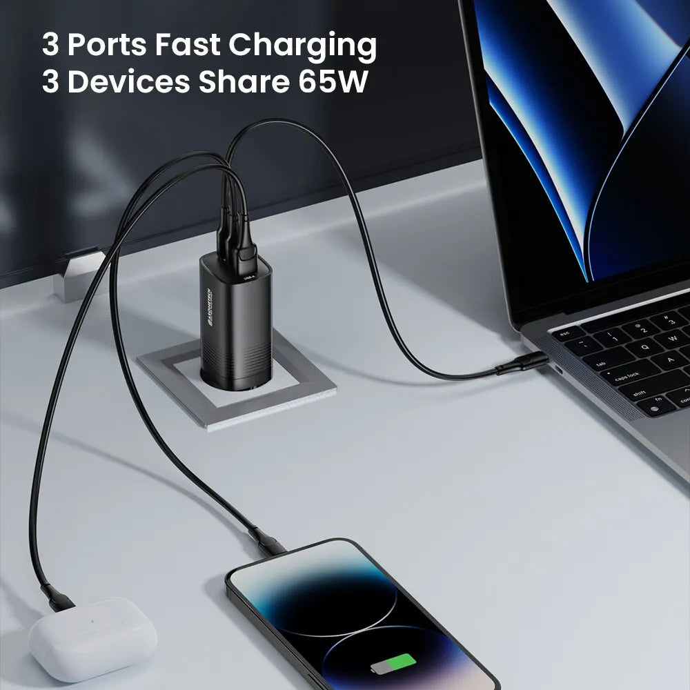 ⚡🔌 ASOMETECH GaN Φορτιστής 65W – 3 Θύρες USB-C & USB-A, PD/QC4.0, PPS για Laptop, MacBook, iPhone & Samsung 🚀