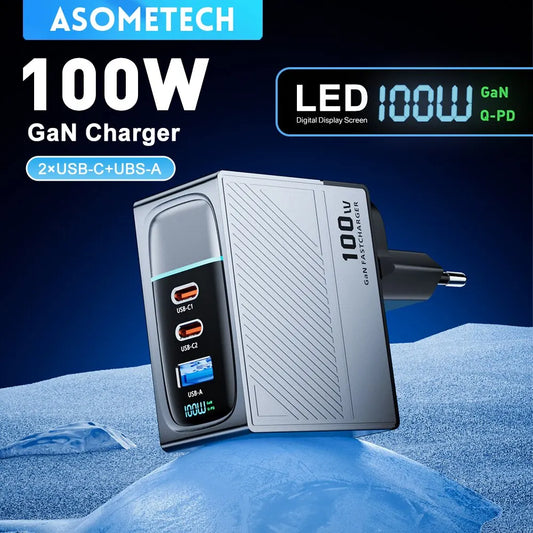 ⚡🔋 ASOMETECH 100W GaN Fast Charger – PD 3.0 / QC4.0, 3 Θύρες (2x USB-C + 1x USB-A), LED Display 💻📱