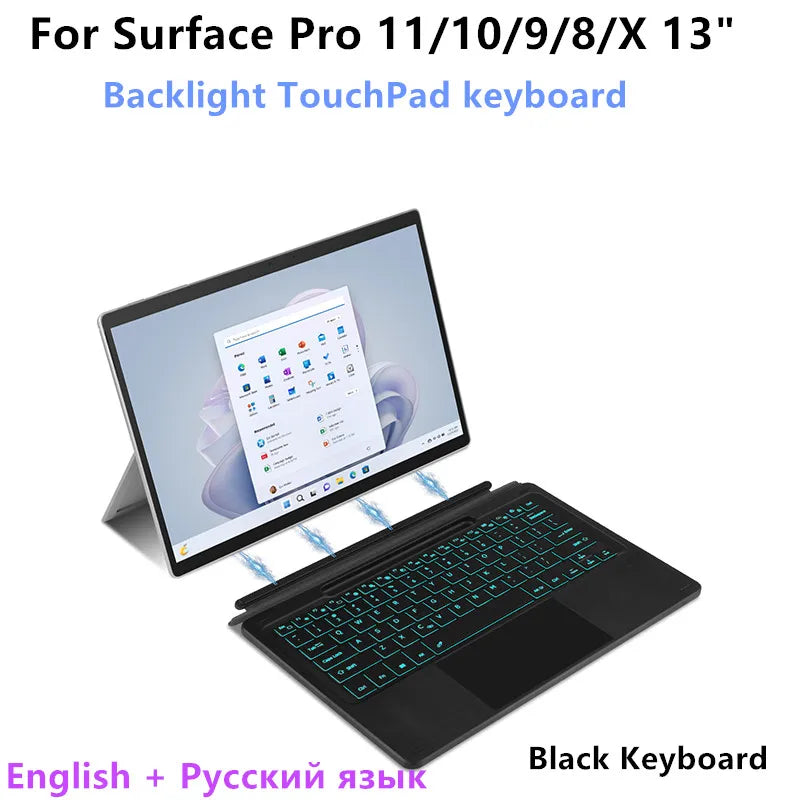 💻✨ Bluetooth Backlit Keyboard με TouchPad – Για Microsoft Surface Pro 8 / 9 / 10 / 11 / X ✨💻